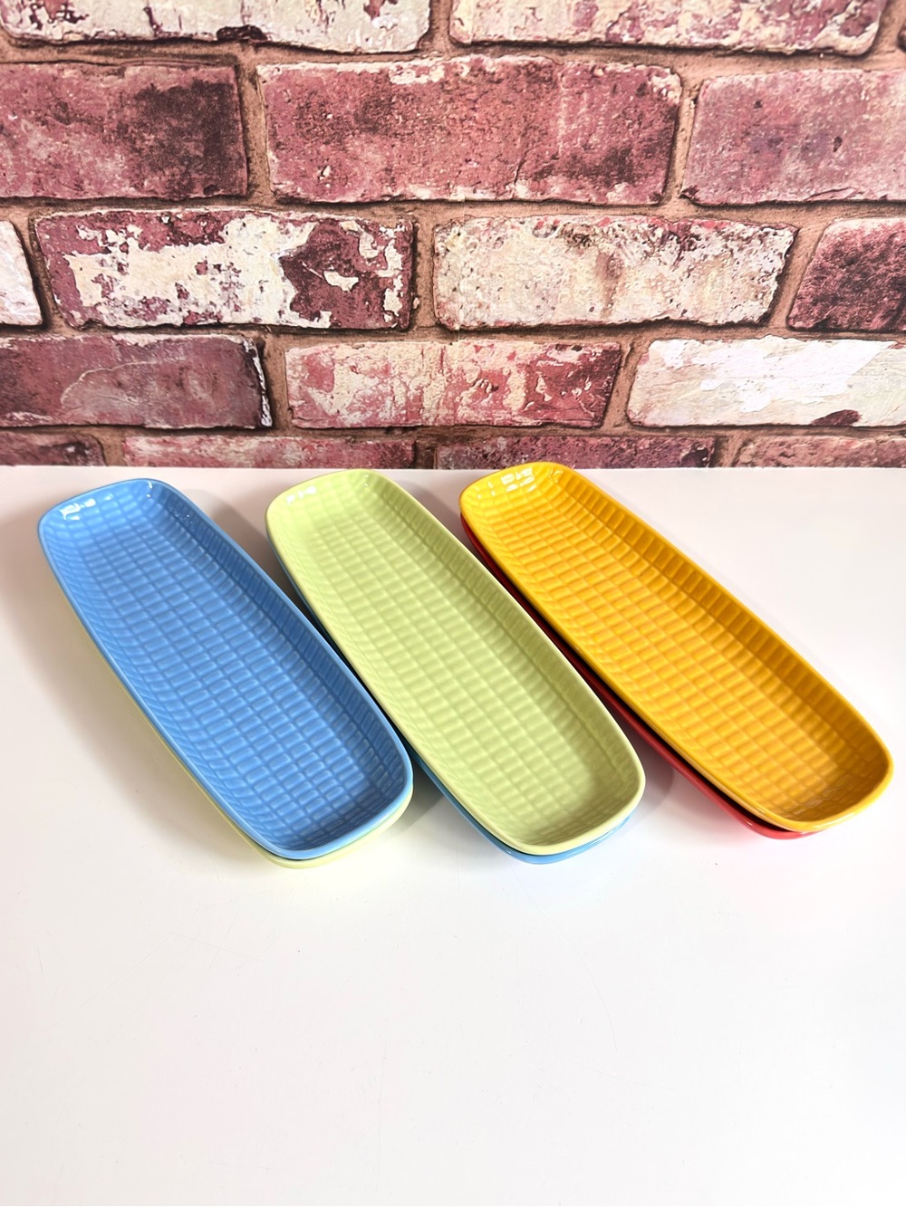 Crate&Barrel Multicolor Ceramic Corn On The Cob Trays ~ Set of 6
